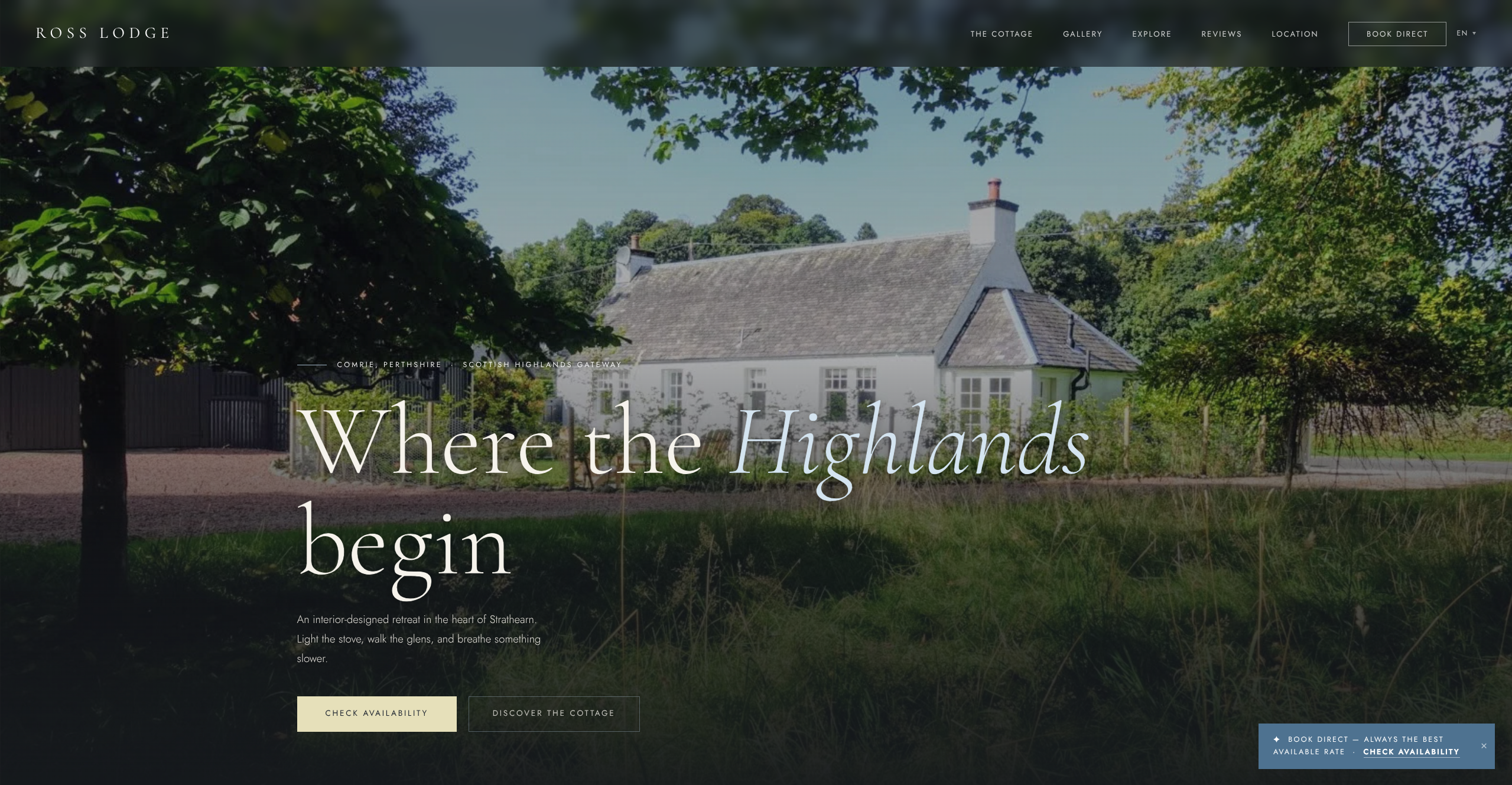 Ross Lodge website — an elegant holiday cottage site built to drive direct bookings
